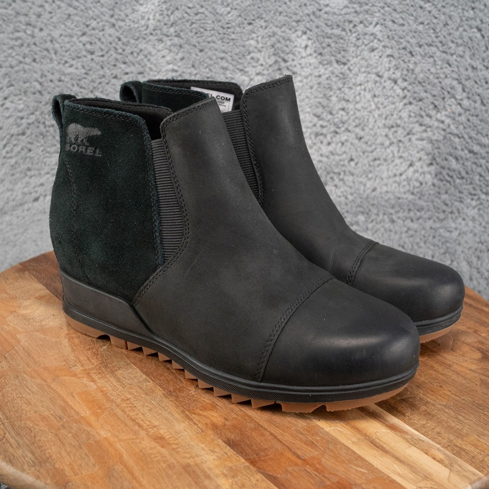 Sorel Evie Boots Womens 7.5 Black Good Wedge Ankle Booties NL3816-010 Leather